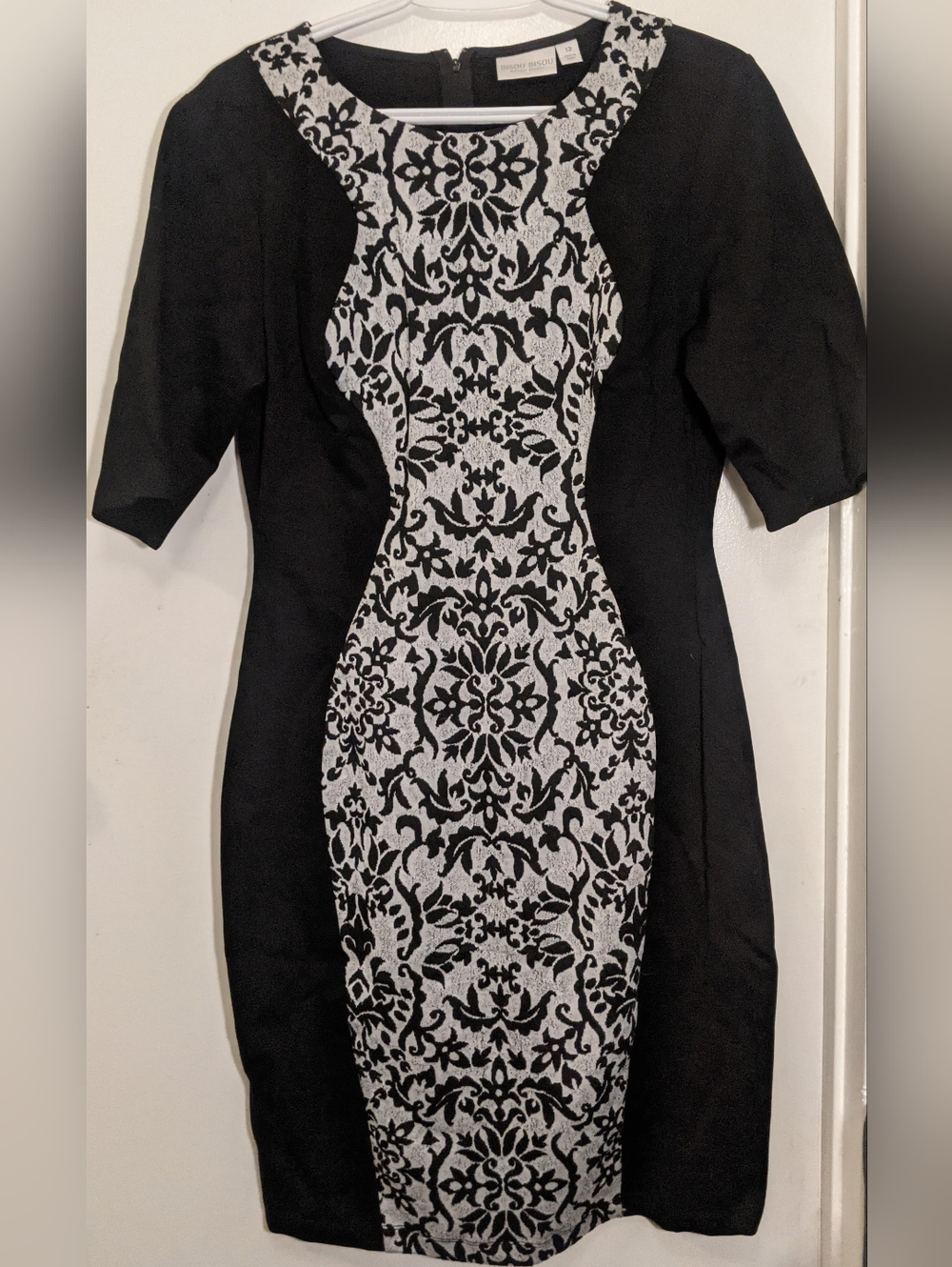 Bisou Bisou Black and White Damask Midi Sheath Dress